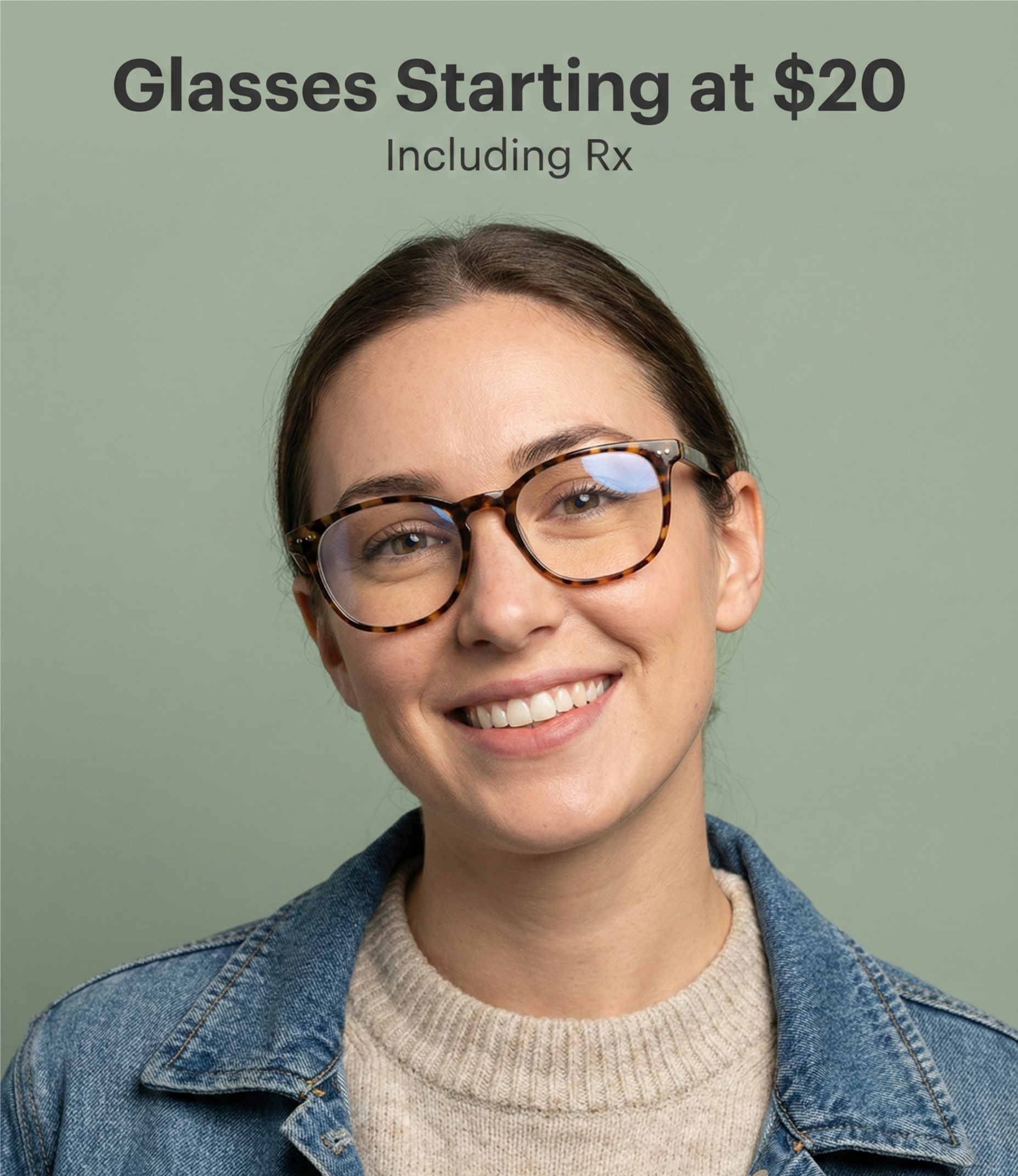Woman wearing glasses with promotional text about glasses starting at $20 including Rx on a green background